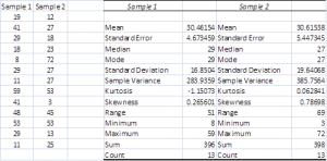 Output from Excel's Descriptive Statistics data analysis tool