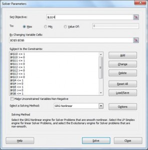 Excel Solver dialog box