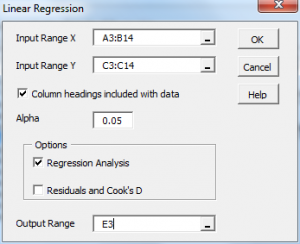 Linear regression dialog box