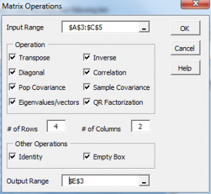 Matrix dialog box Excel