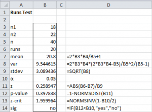 Runs test example Excel