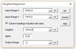 Weighted regression dialog box