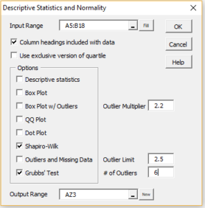 Grubbs test dialog box