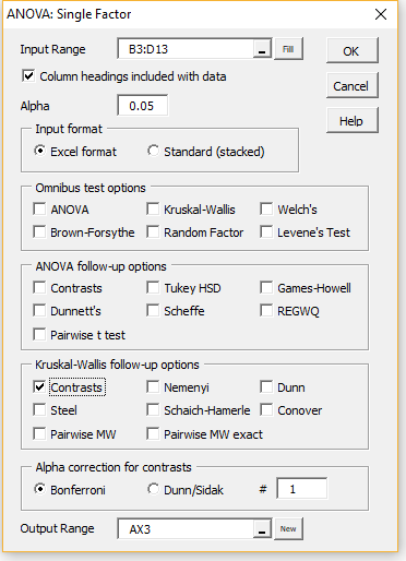 ANOVA dialog box