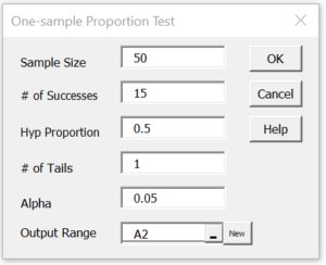 Proportion test dialog box