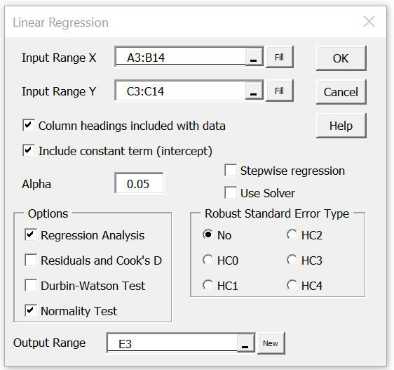 real statistics using excel linear regression