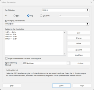 Solver dialog box