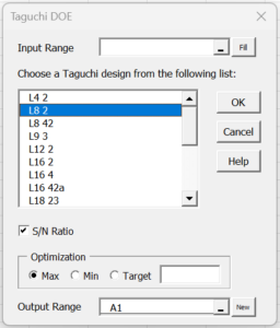 Taguchi DOE dialog box